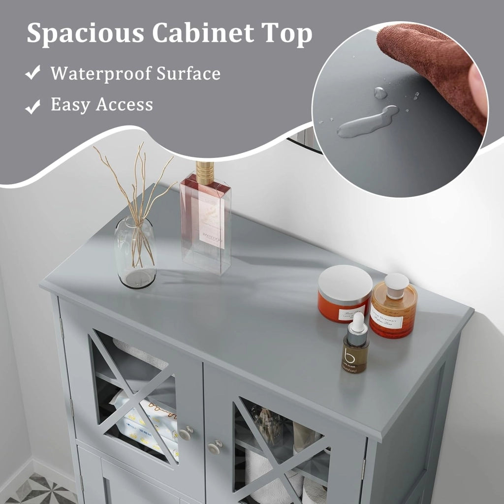 Armadietto da bagno in MDF, armadio indipendente con 4 ante e 3 ripiani regolabili, mobile bagno a pavimento per cucina, ufficio, 60 x 30 x 108 cm (grigio)
