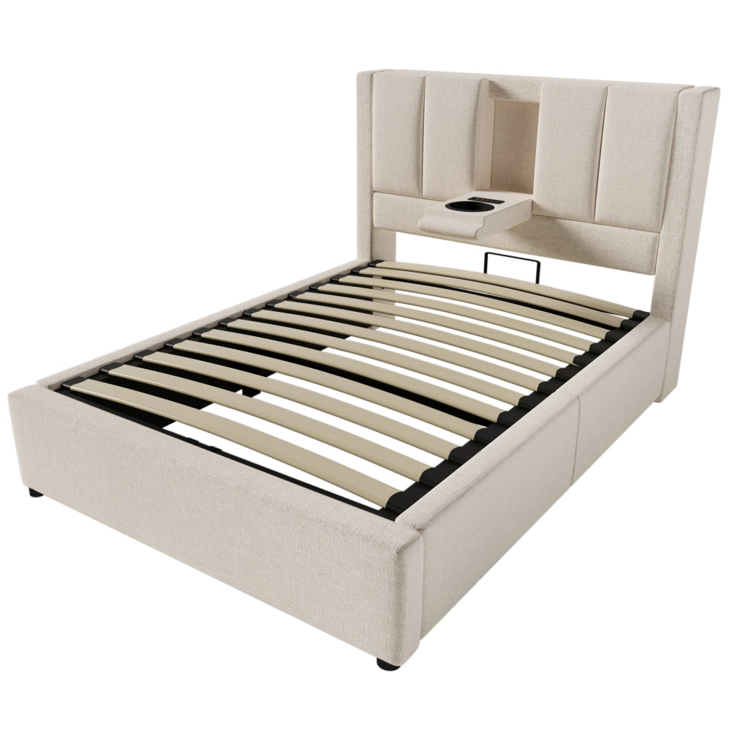 Letto imbottito 90x200 cm in lino beige con contenitore; portabicchiere a scomparsa e stazione di ricarica
