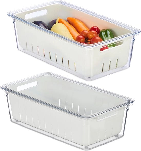 Organizzatore per frigorifero - Set di contenitori a scomparti 2 - Cestini per verdure e frutta con coperchio - Translucido/bianco
