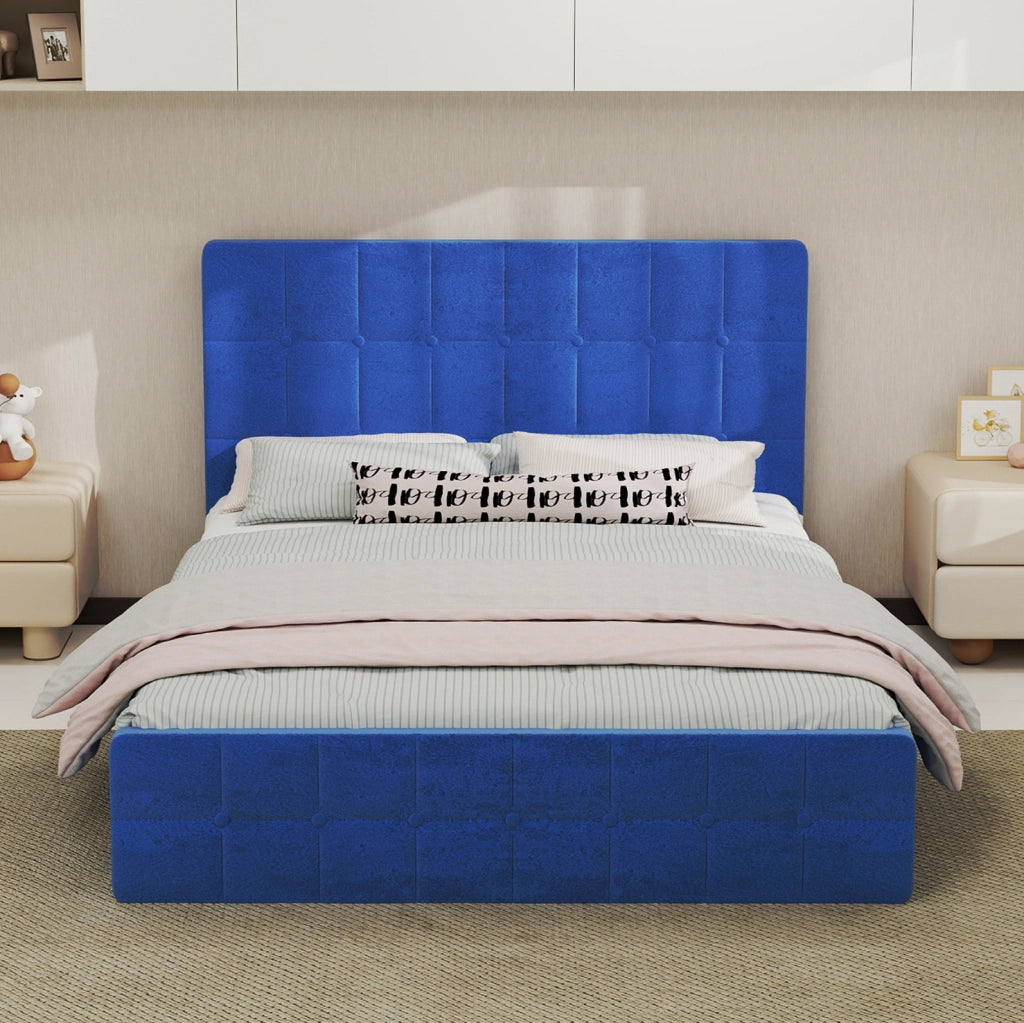 Letto imbottito 140x200 cm in velluto blu con testiera capitonné