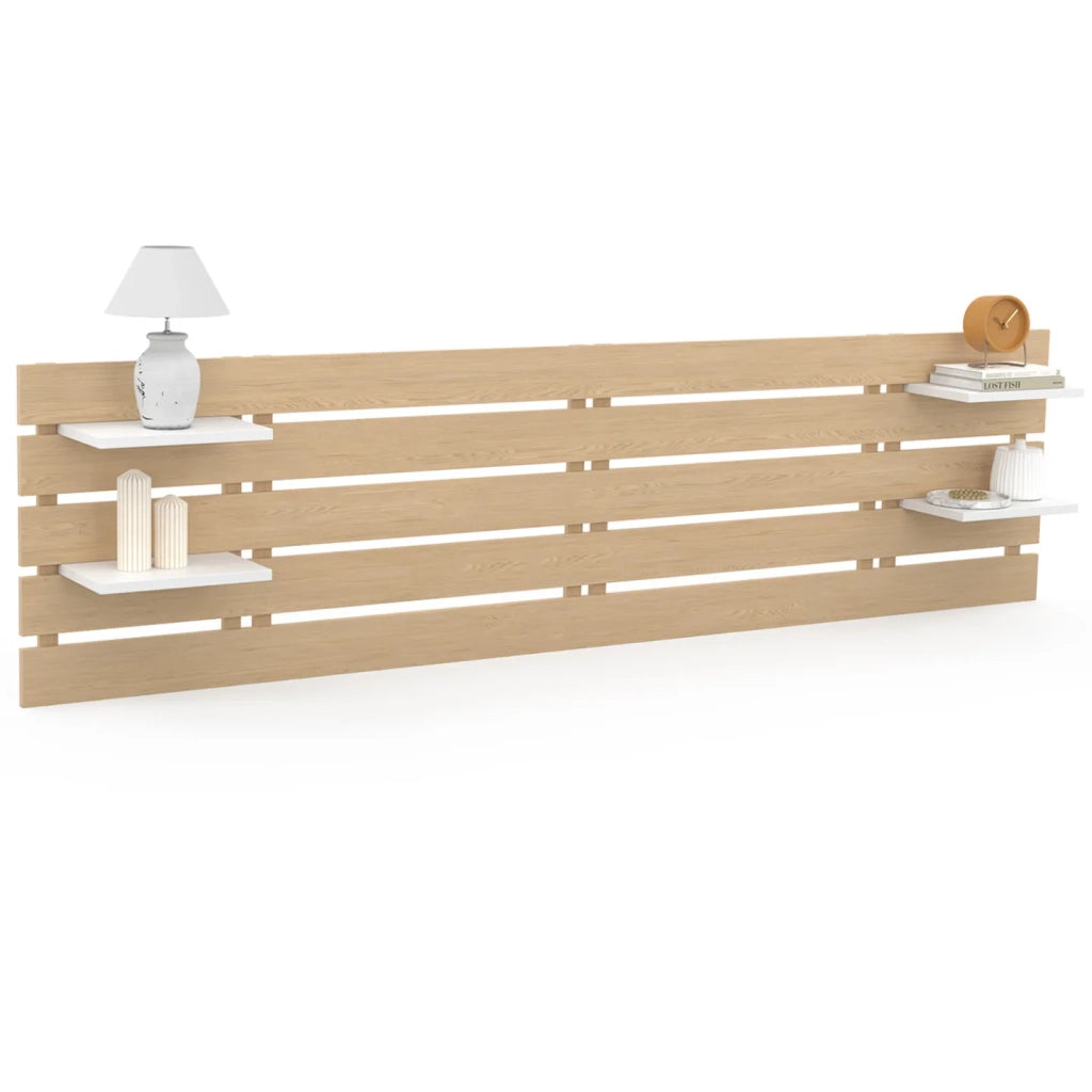 IDMarket - Testiera NINA 240 CM in legno chiaro con 5 doghe larghe e ripiani bianchi