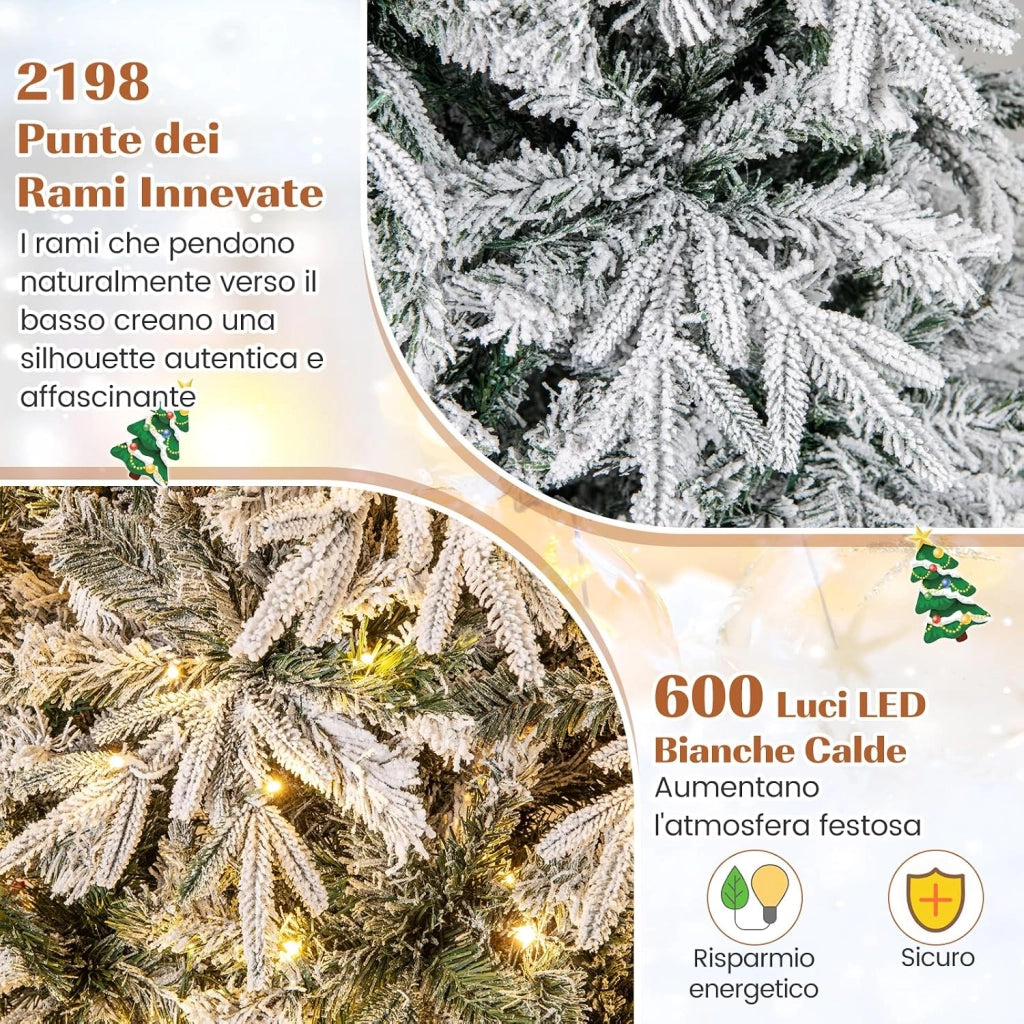 Albero di Natale Innevato 270 cm, Albero di Natale Innevato Pre-illuminato con 600 Luci LED Bianco Caldo, 2198 Punte di Rami e Base in Metallo Pieghevole (270 cm)