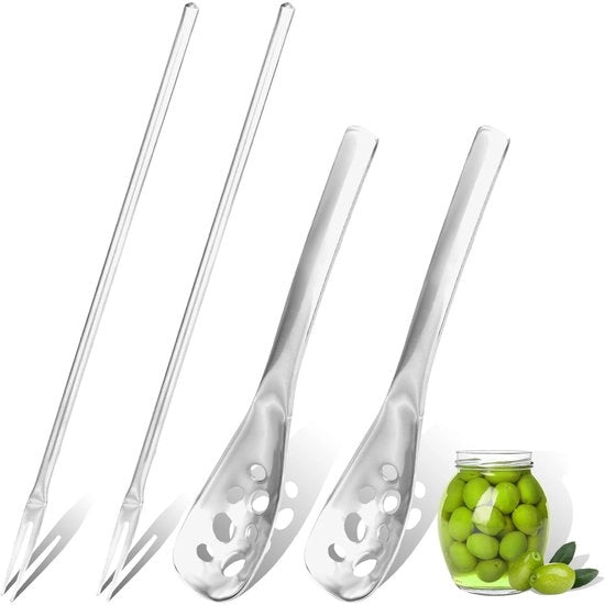 Oliera e forchetta a melone, acciaio inossidabile SUS304, cucchiaio di schiuma piccolo con scarico, forchetta lunga per cipolle sott'aceto, melanzane, olive, argento, confezione da 4 pezzi