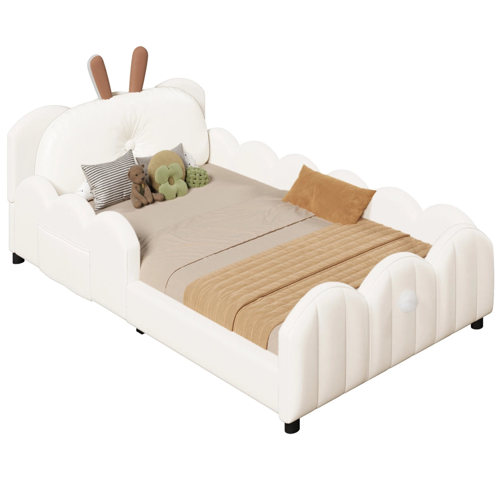 Letto piattaforma imbottito 90x200 cm con cuscino a forma di coniglio, beige
