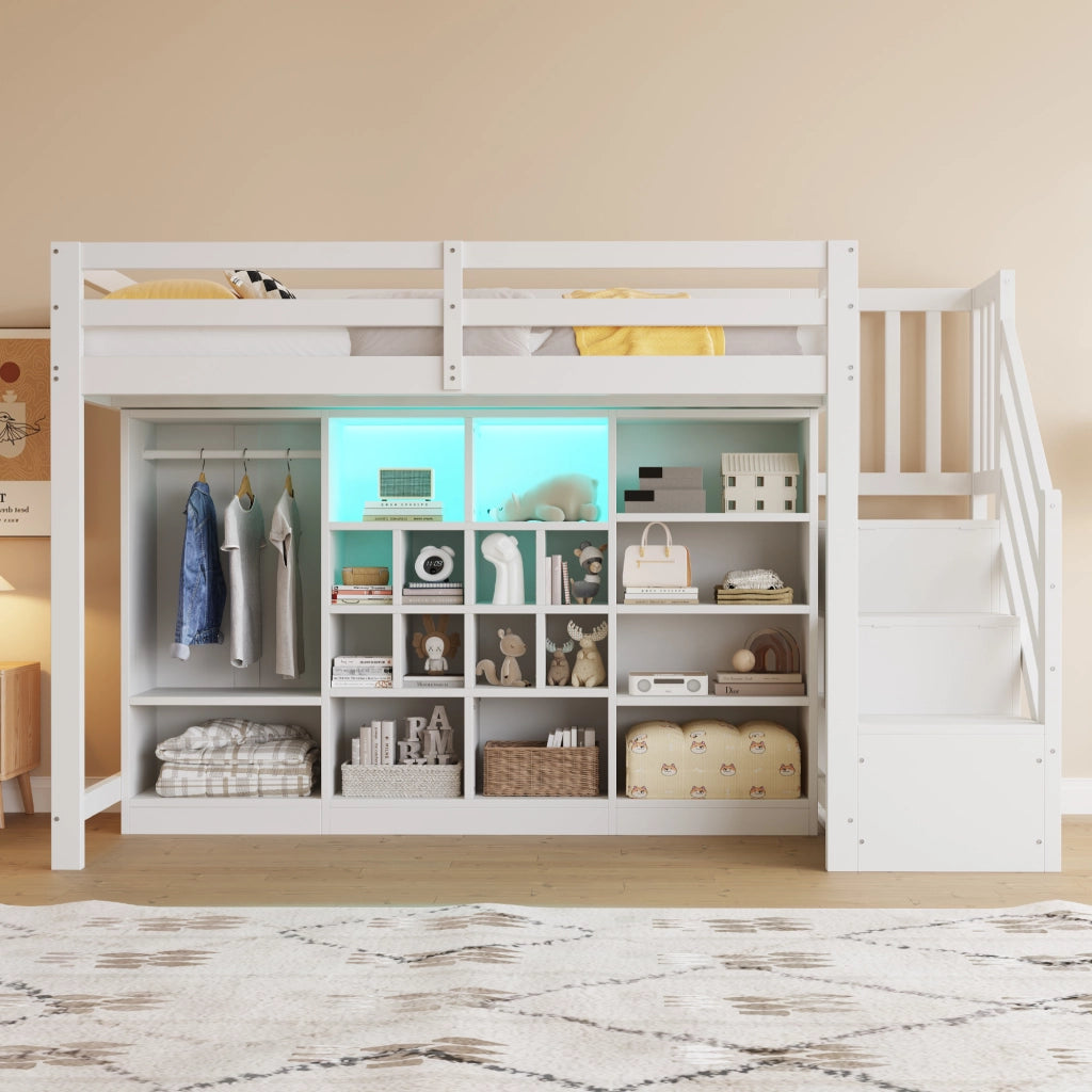 OKWISH Letto a Soppalco Singolo con Contenitore, Scaffali, Armadio e LED, 90 x 200 cm, senza Materasso, Bianco