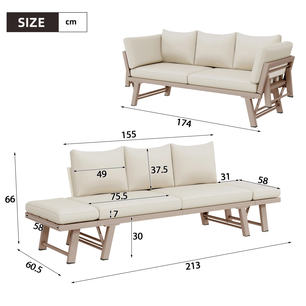 Set da giardino 3 posti con sdraio - Zephmum - Beige con braccioli pieghevoli