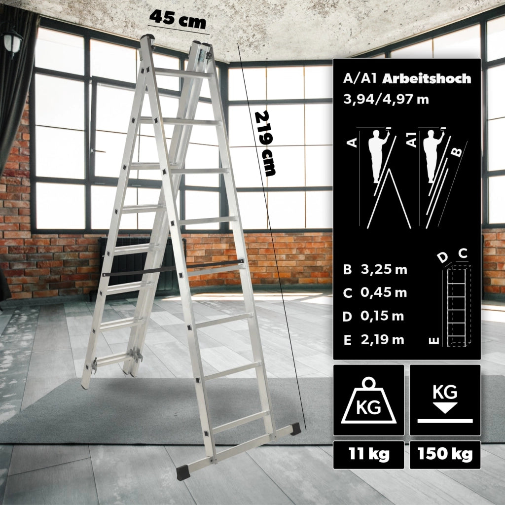 Scala universale in alluminio KADAX 3x8 pieghevole a doppia faccia, robusta + gancio