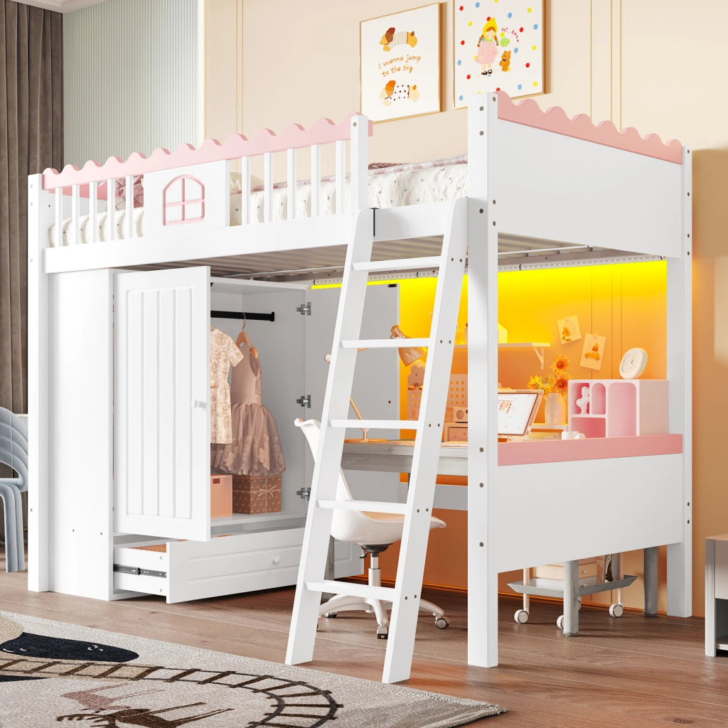 Letto a castello singolo bianco con luci LED armadio e cassetto in pino 90x200 cm