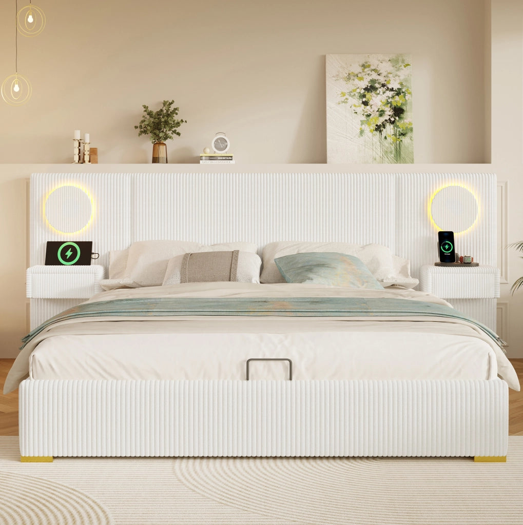 Letto imbottito beige 180 x 200 cm con LED, USB e vano contenitore