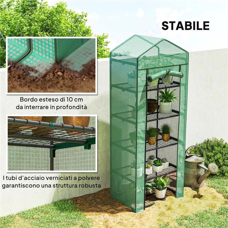 SERRA PER PIANTE A 5 LIVELLI CON PORTA A ZIP, IN ACCIAIO E PE, 69X49X193 CM, VERDE