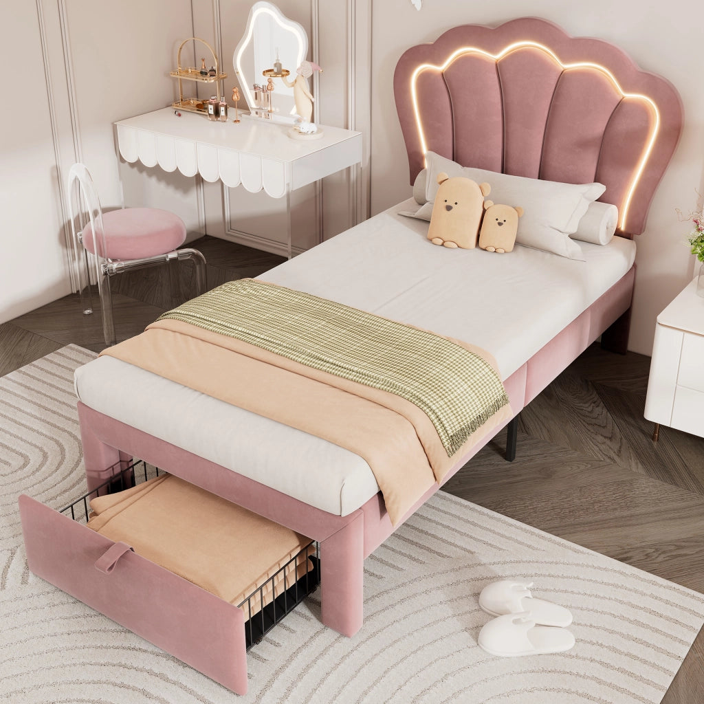 OKWISH Letto Singolo Bambini 90×190 cm con LED RGB, Cassetto, Telecomando e Testiera Regolabile, senza Materasso, Velluto Rosa