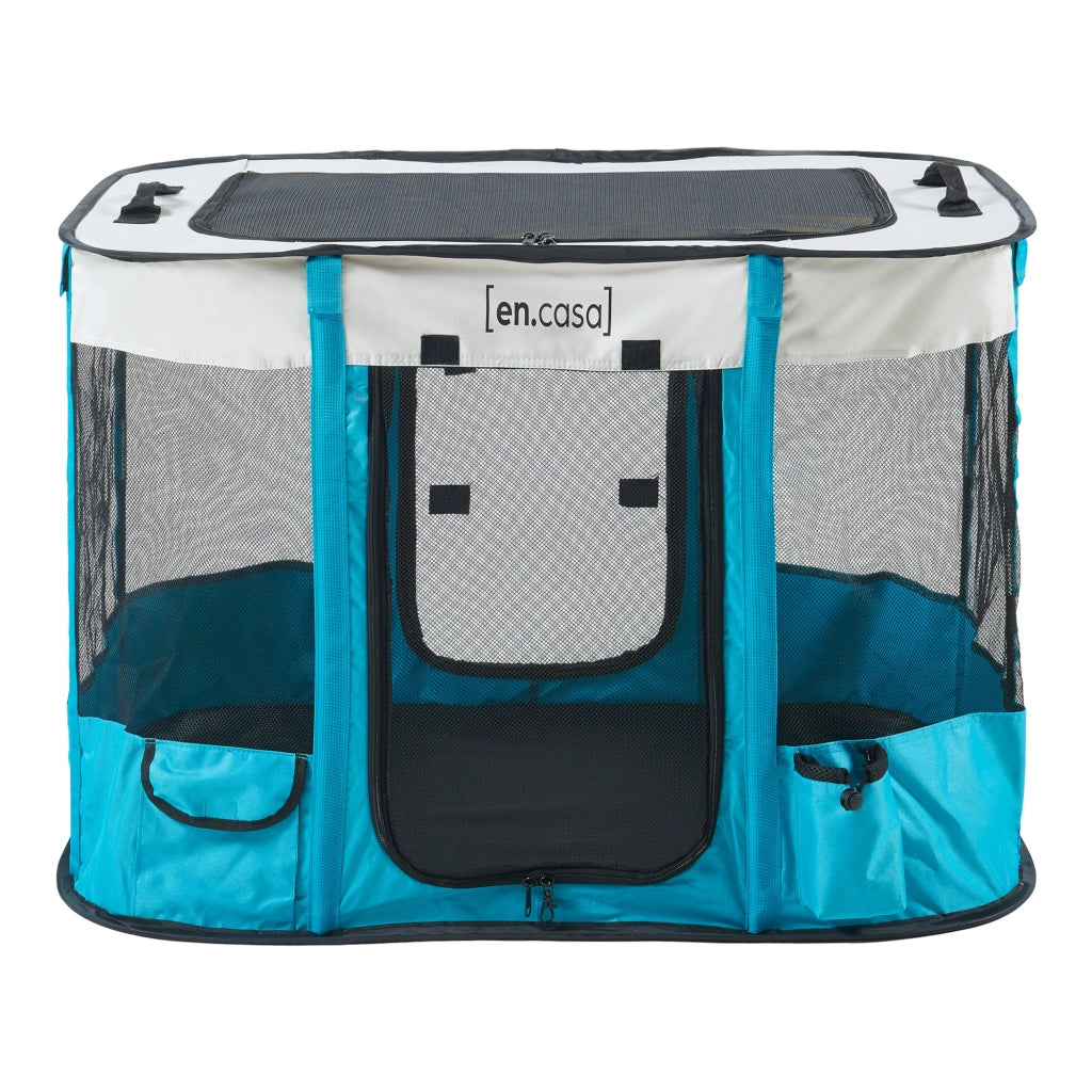 Kennel Pieghevole Mörbylånga Rifugio Portatile per Cani e Gatti 90 x 70 x 60 cm Blu / Beige [en.casa]