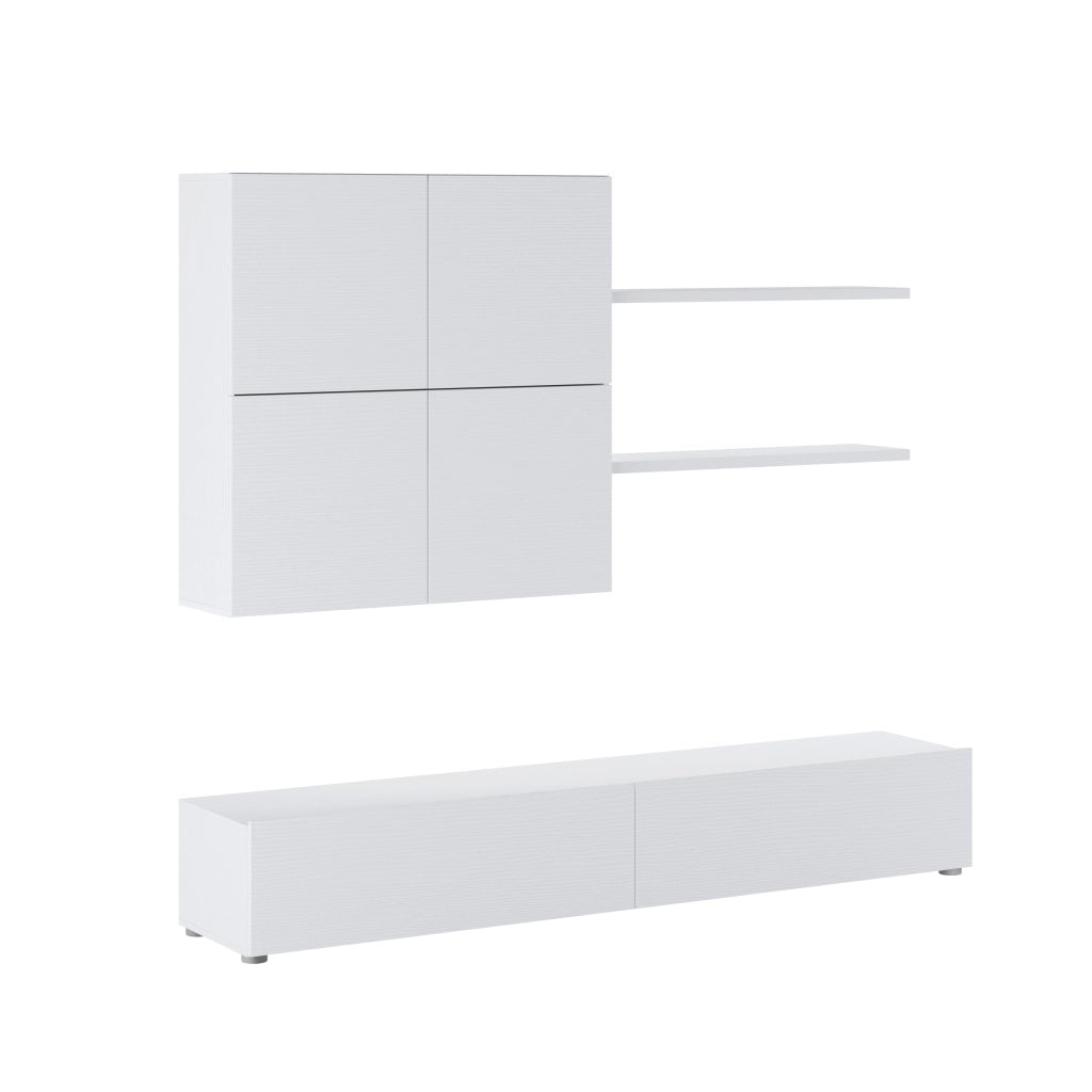 Parete Attrezzata Soggiorno Moderna Con Base TV Due Ante Pensile Quattro Ante E Due Mensole In Melaminico Facile Da Pulire Design Contemporaneo 200 X 194 X 40 Cm Bianco Effetto Legno