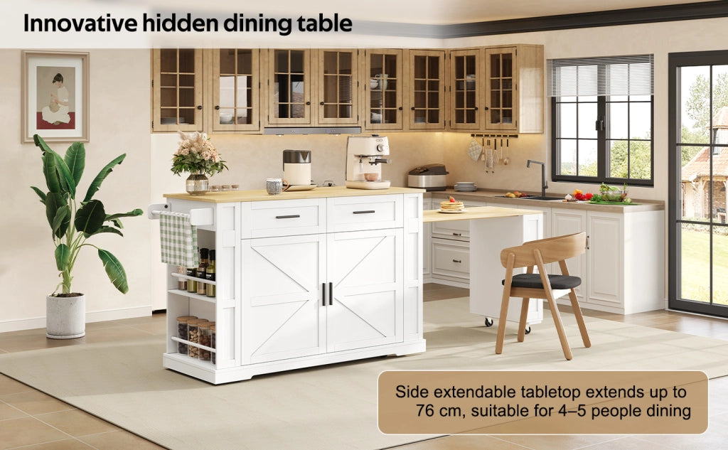 Isola da cucina mobile con piano estraibile, 2 cassetti, mobile con anta doppia, ripiano regolabile, presa integrata e 7 ruote