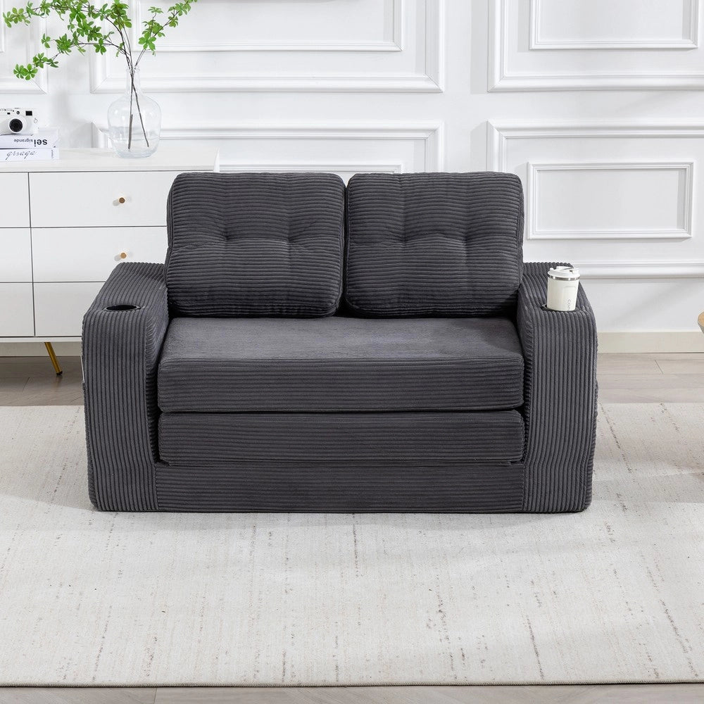 Divano 2 Posti in Tessuto a Coste con Cuscini Trapuntati e Tasche Laterali ¨C MINIMAL ¨C Grigio