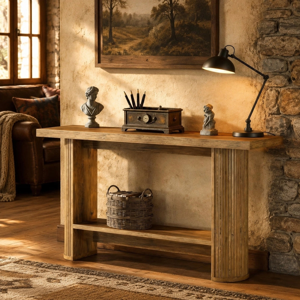 Tavolo consolle stretto in legno ingegnerizzato marrone dal design moderno