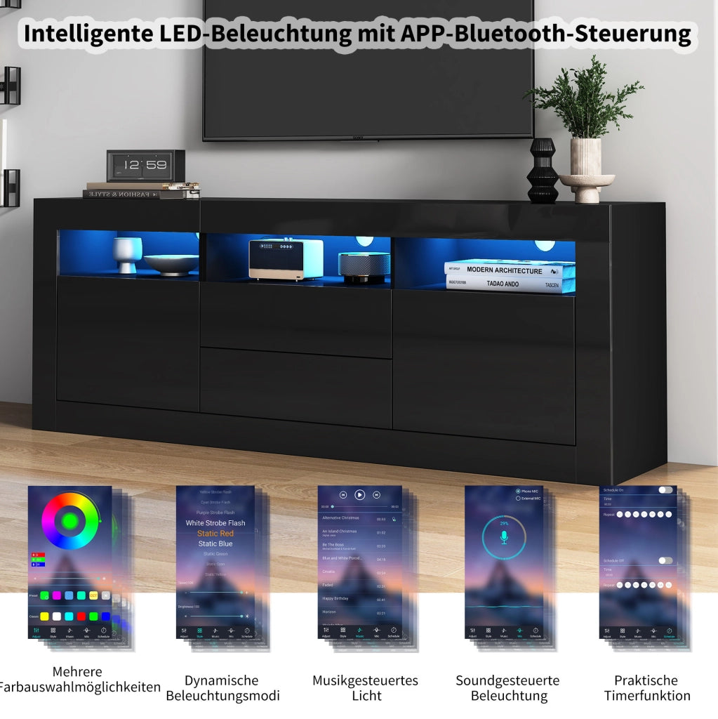 Mobile TV nero lucido 160x35x60 cm con LED Bluetooth, 2 ante e 2 cassetti