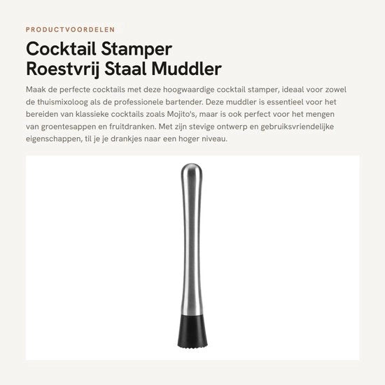 Stampatore Cocktail in Acciaio Inossidabile - Muddler - Barman - Manico Ergonomico - 25 cm - Materiale PP di Qualità Alimentare