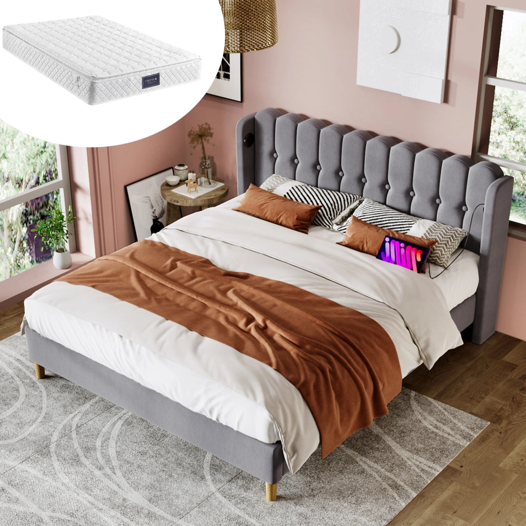 Letto matrimoniale imbottito 140x200 cm in lino grigio con USB e Type-C