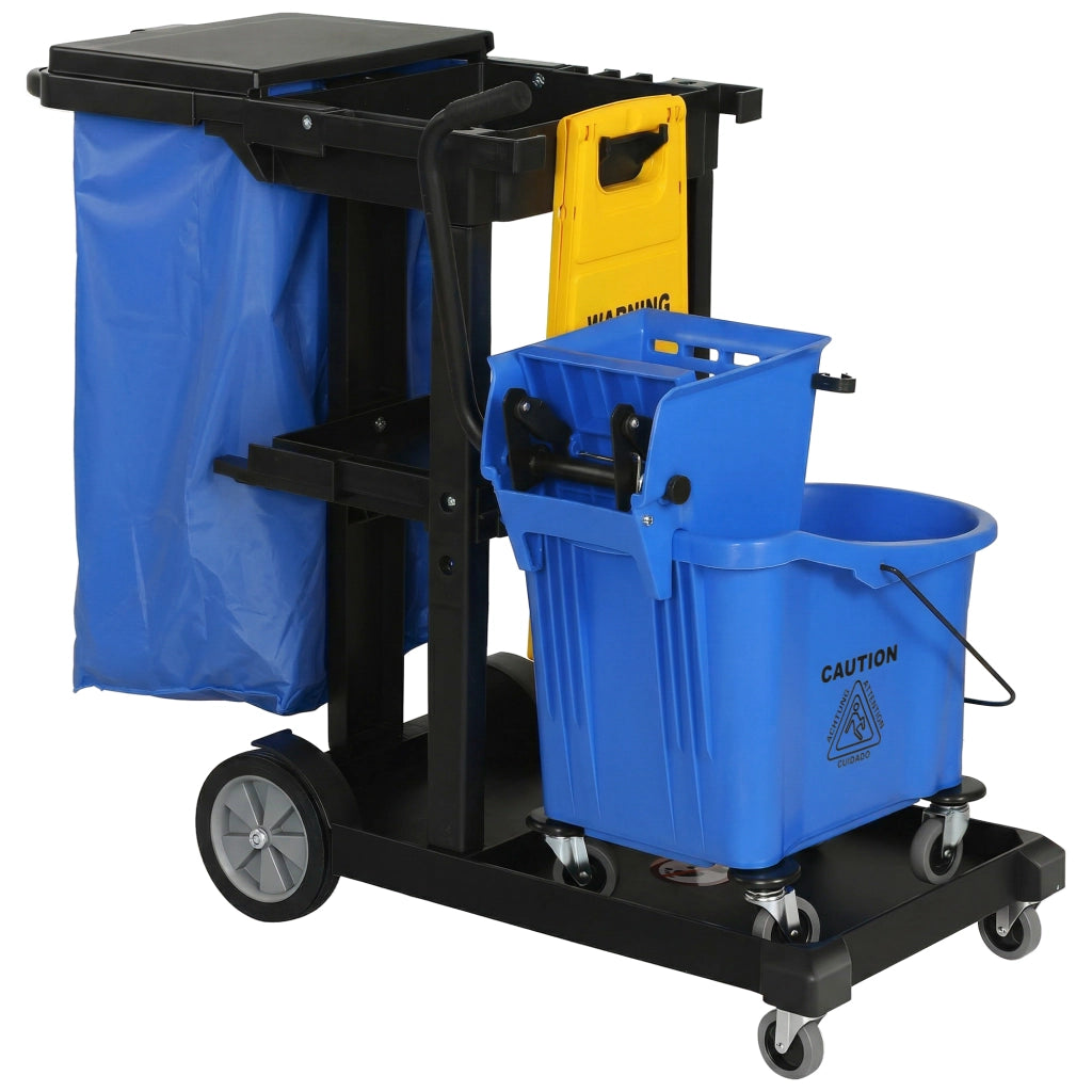 Carrello per pulizia con 3 ripiani, secchio strizzamop e sacco 70 litri ¨C zephmum ¨C Blu