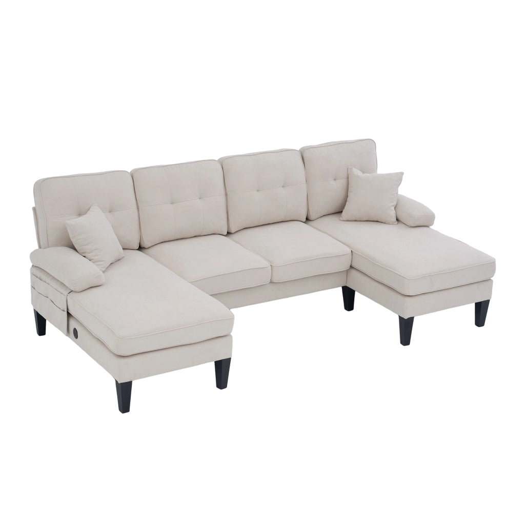 Divano U 4 posti in tessuto effetto lino, beige, con chaise-longue e porte USB/Type-C