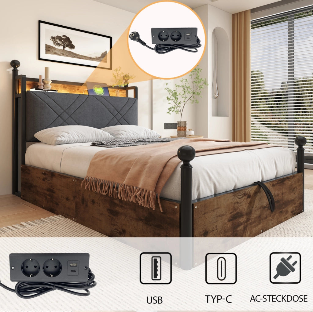 Letto singolo 90x190 cm con baldacchino removibile; contenitore idraulico; LED; USB; nero
