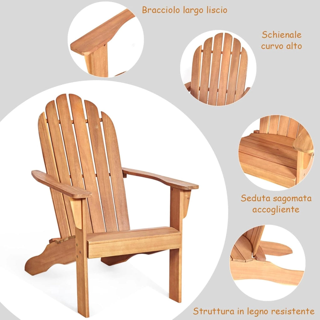 Adirondack Chair in Legno Massello da Esterno, Sedia a Sdraio Prendisole da Spiaggia, Ideale per Cortile, Giardino e Balcone, 69 x 88 x 103 cm (naturale)