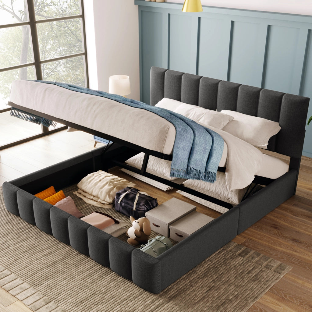OKWISH Letto Contenitore 140×200 cm, Letto Matrimoniale con Testiera Regolabile e Vano Contenitore, senza Materasso, in Lino, Grigio