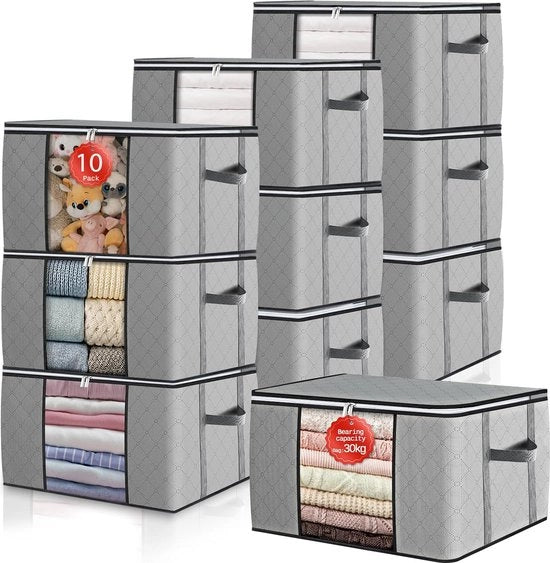 Tas di archiviazione, 90 litri, scatola di archiviazione con coperchio, grandi maniglie robuste, abbigliamento, scatole per coperte, cassetti, archiviazione, armadio, scatole, organizzatore, grigio