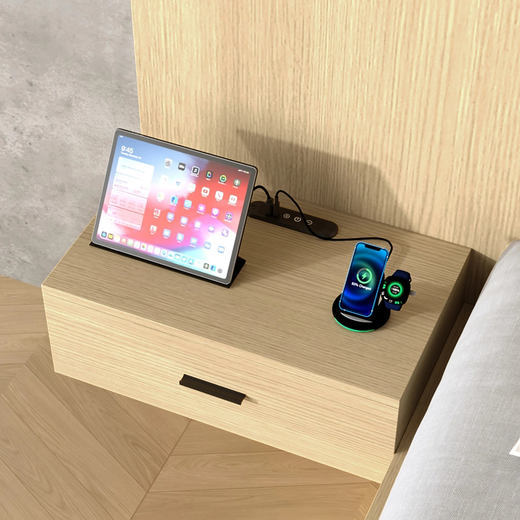 Letto matrimoniale 180x200 cm con contenitore, USB e Type-C, lampade da lettura, 2 comodini, rovere chiaro
