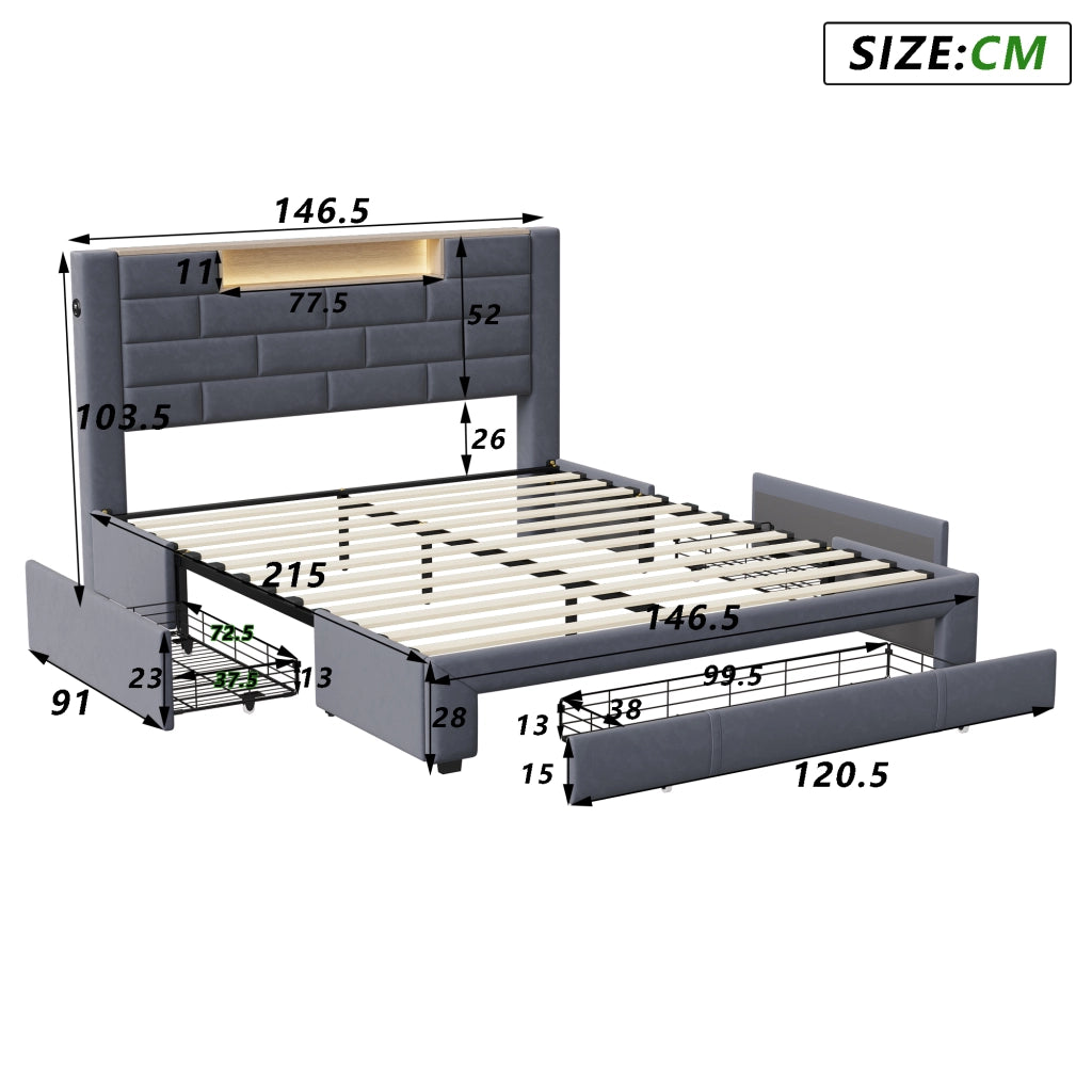 Letto matrimoniale 140x200 cm velluto grigio, testiera con vano portaoggetti, porte USB, luci RGB‑LED controllabili da app e telecomando, 3 cassetti contenitore