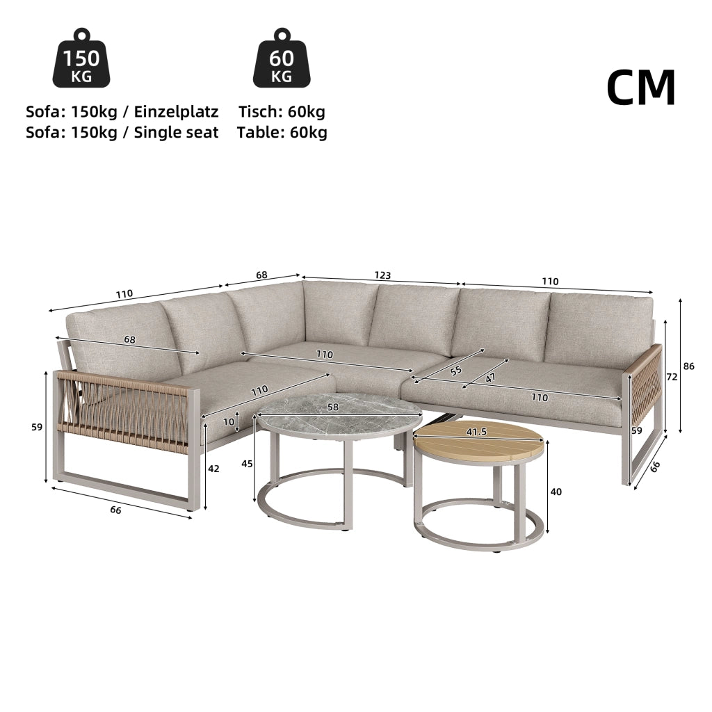 Set giardino 6-7 persone: Divanooo angolare; ferro zincato; piedini regolabili; cuscini inclusi; beige
