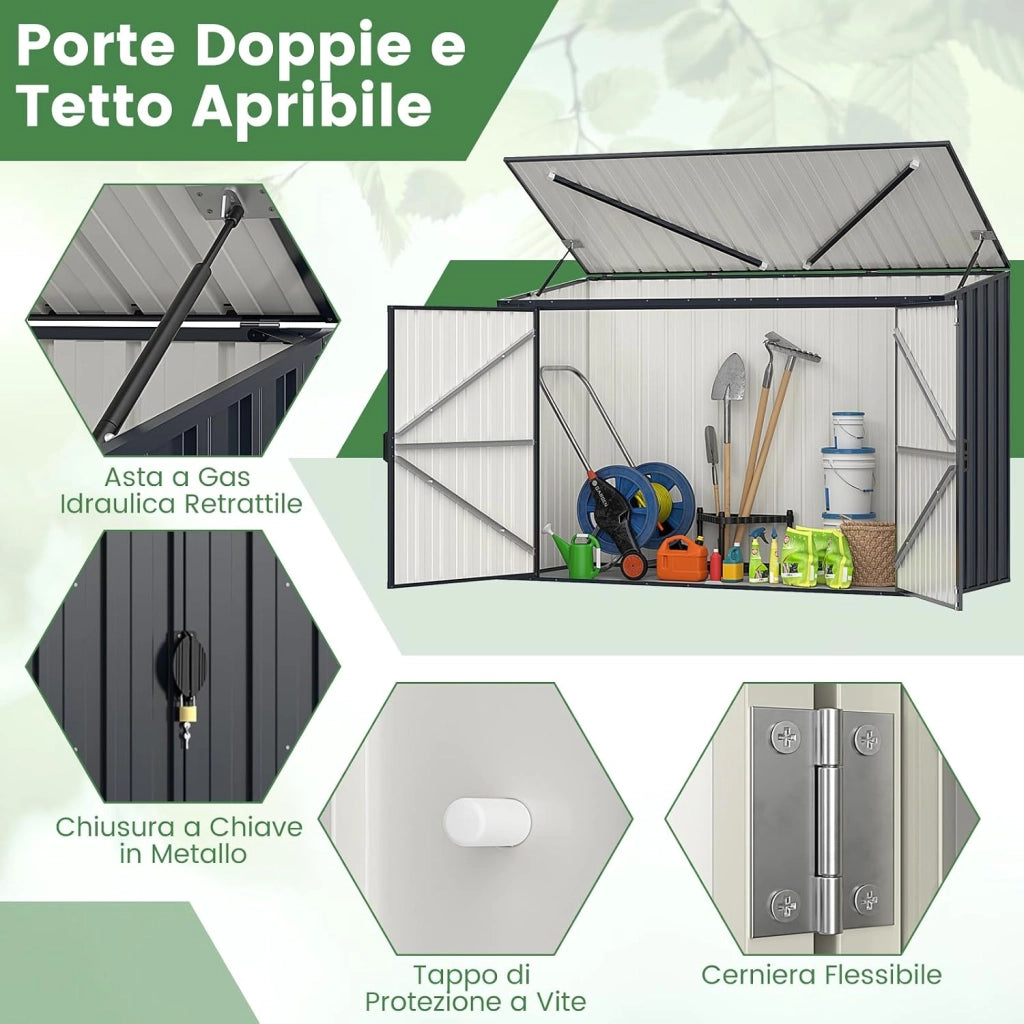 Copribidone Spazzatura Esterno Doppio, Casetta Porta Attrezzi da Giardino in Metallo Zincato con Porta Bloccabile, Tetto Apribile e Struttura a Scatto