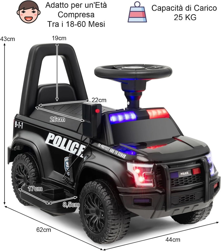Auto Elettrica per Bambini, Auto della Polizia Giocattolo con Clacson Luce di Avvertimento e Suono della Sirena, Velocità 3 km/h, per Bambini 18-60 Mesi (Nero)