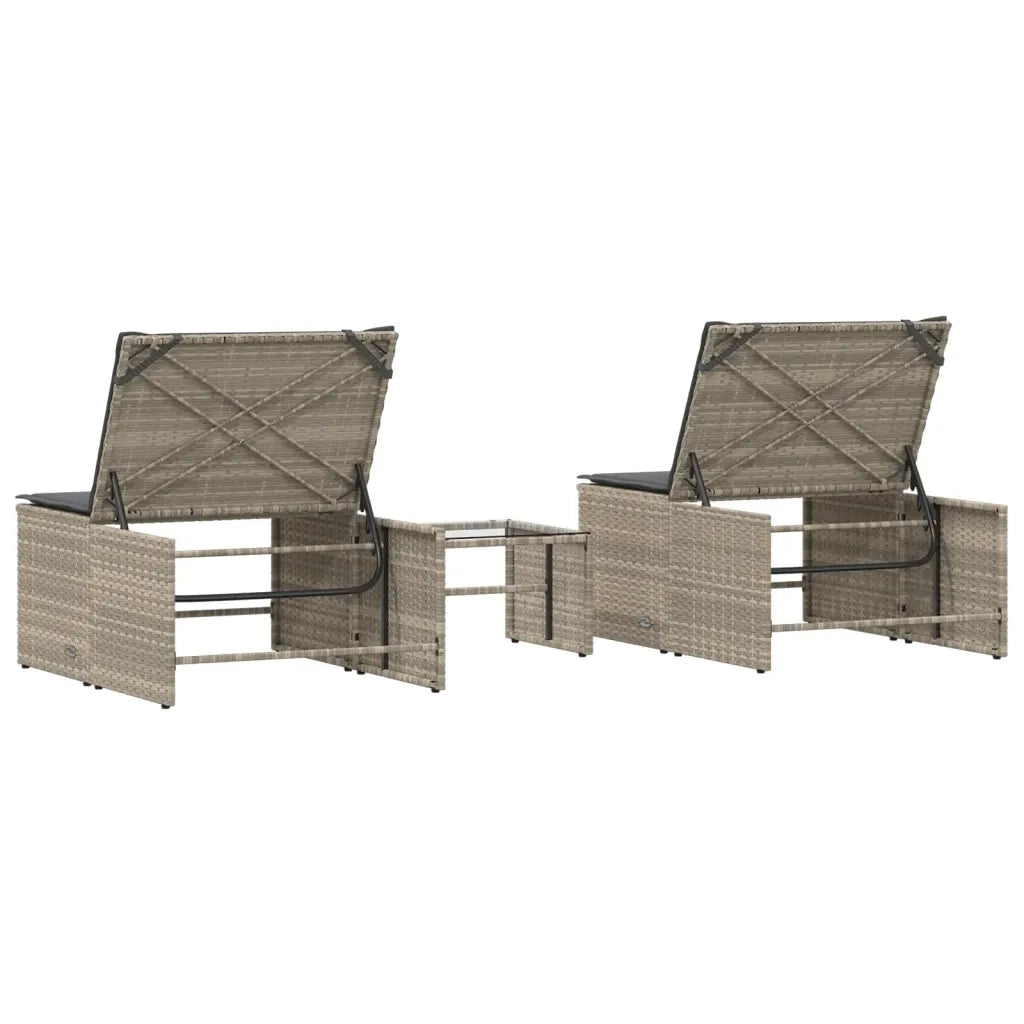 Lettini prendisole 2 pz con tavolo grigio chiaro in polyrattan 368427