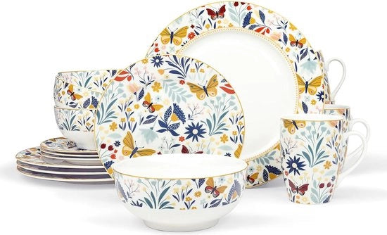 Servizio da 16 pezzi in porcellana Glod Vintage con fiori di farfalla - Servizio per 4 persone