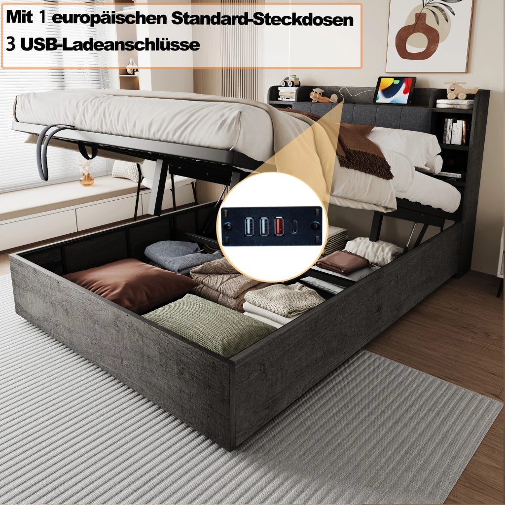 DESMIU Letto contenitore 180 × 200 cm 2 posti con vano idraulico, USB, Type-C e ripiani, senza materasso, in MDF, grigio