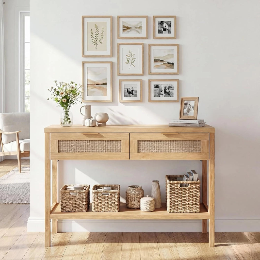 Tavolo Consolle, Tavolino da Divano in Legno con Doppio Cassetto, Ripiano Inferiore e Ampio Piano, Kit Antiribaltamento, Consolle per Ingresso, Corridoio e Soggiorno (Naturale)