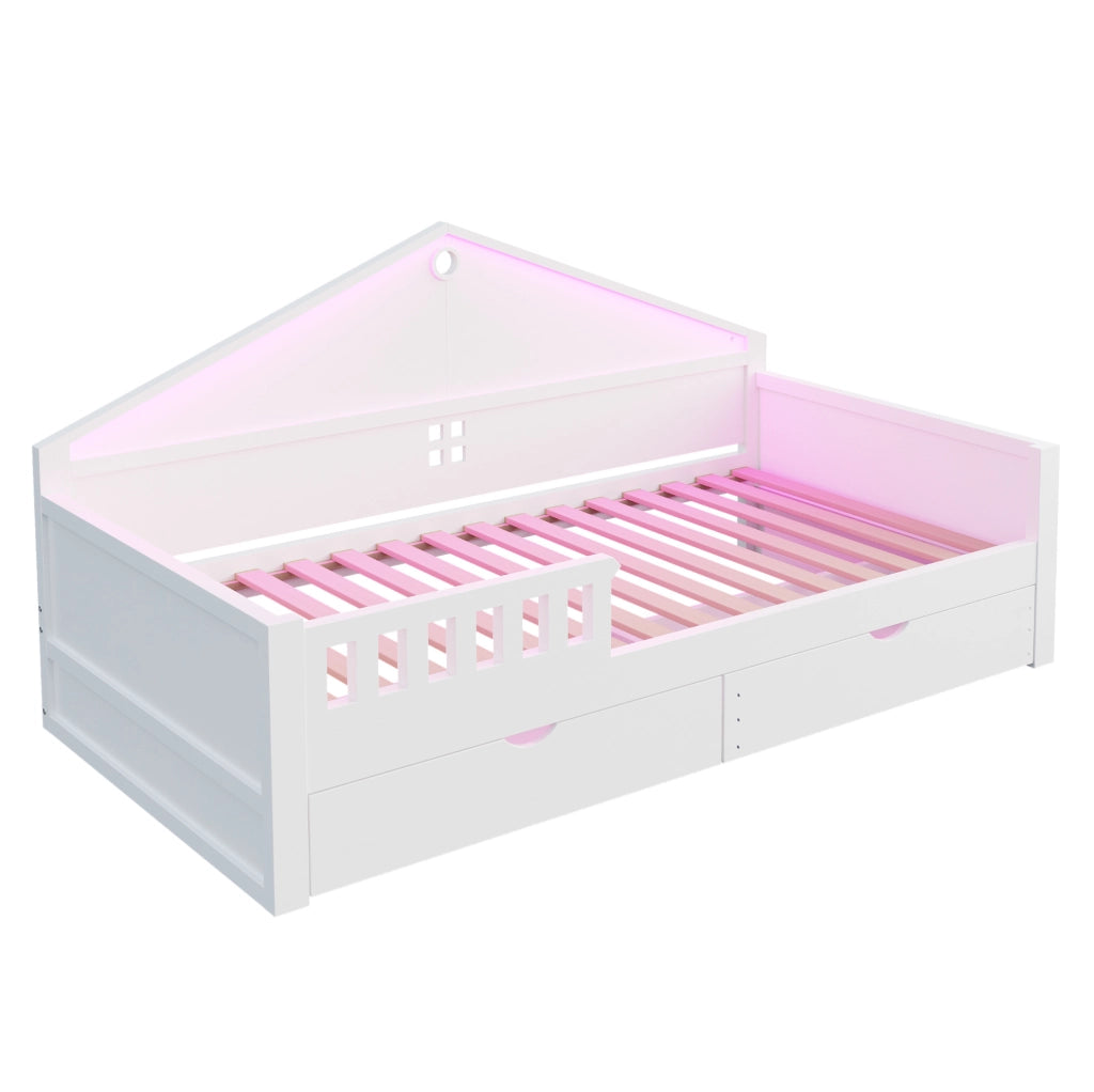 Letto singolo ULEVR 90x200 cm con 2 cassetti e barra LED controllabile da smartphone, bianco