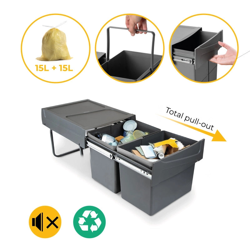 Kit di contenitori per la raccolta differenziata per cassetti da cucina Recycle Altezza Recycle 266 mm, 1x15 lt, 2x7 l..