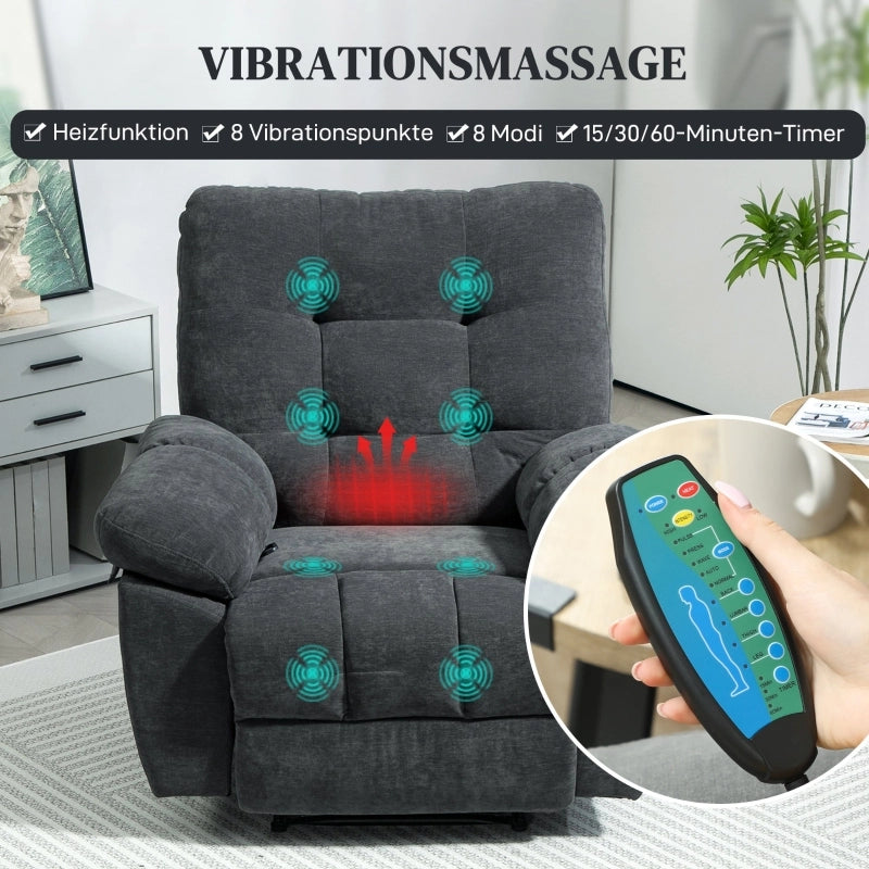 Poltrona relax massaggiante con vibrazione, schienale reclinabile e tasche laterali in poliestere grigio scuro