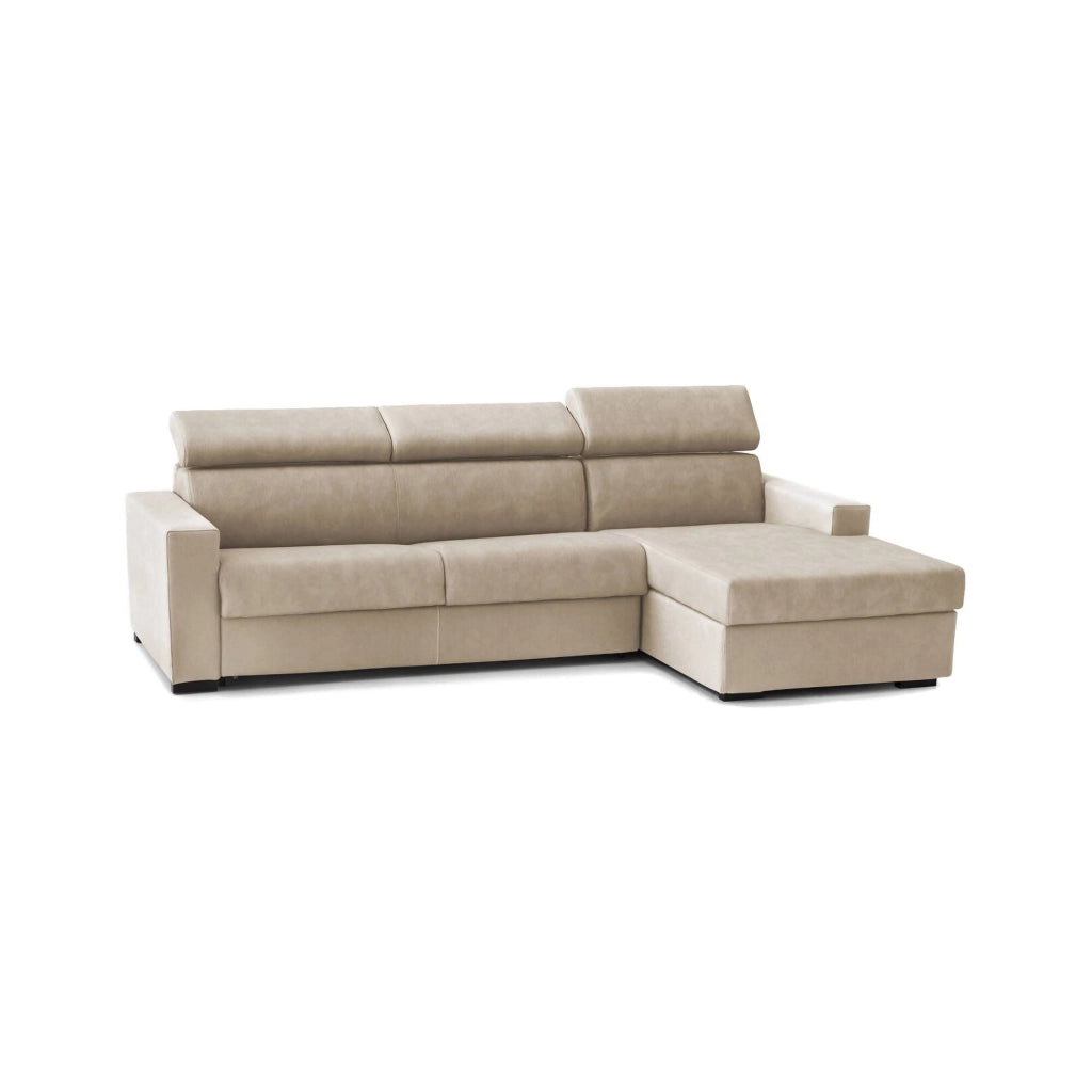 Divano fisso Angera, Divano ad angolo, Made in Italy, SofÒ  Soggiorno con chaise longue, in tessuto imbottito - Penisola contenitore Destra, con Braccioli slim, cm 260x95h85, Beige