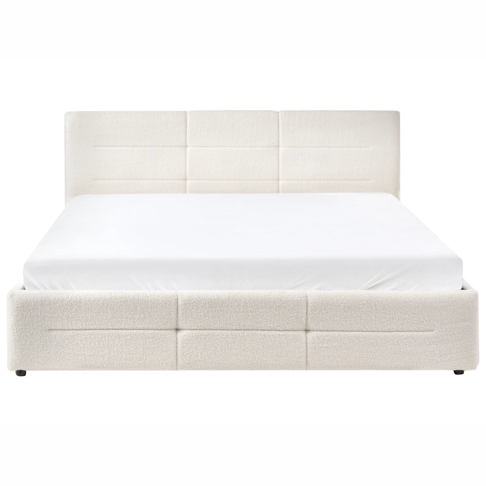 Letto ottomano bianco sporco bouclé 180x200 cm con testiera sollevabile e base a doghe Design moderno