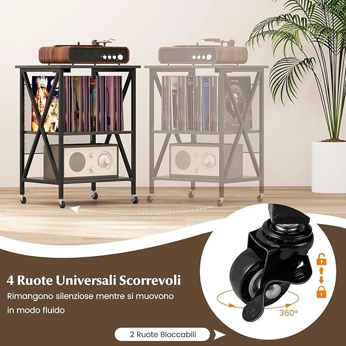 Supporto per Giradischi, Supporto per Giradischi in Vinile con Presa di Corrente e Porta USB, Ruote Bloccabili, 3 Livelli, per Soggiorno, Camera da Letto, 52 x 45 x 75 cm (Grigio)