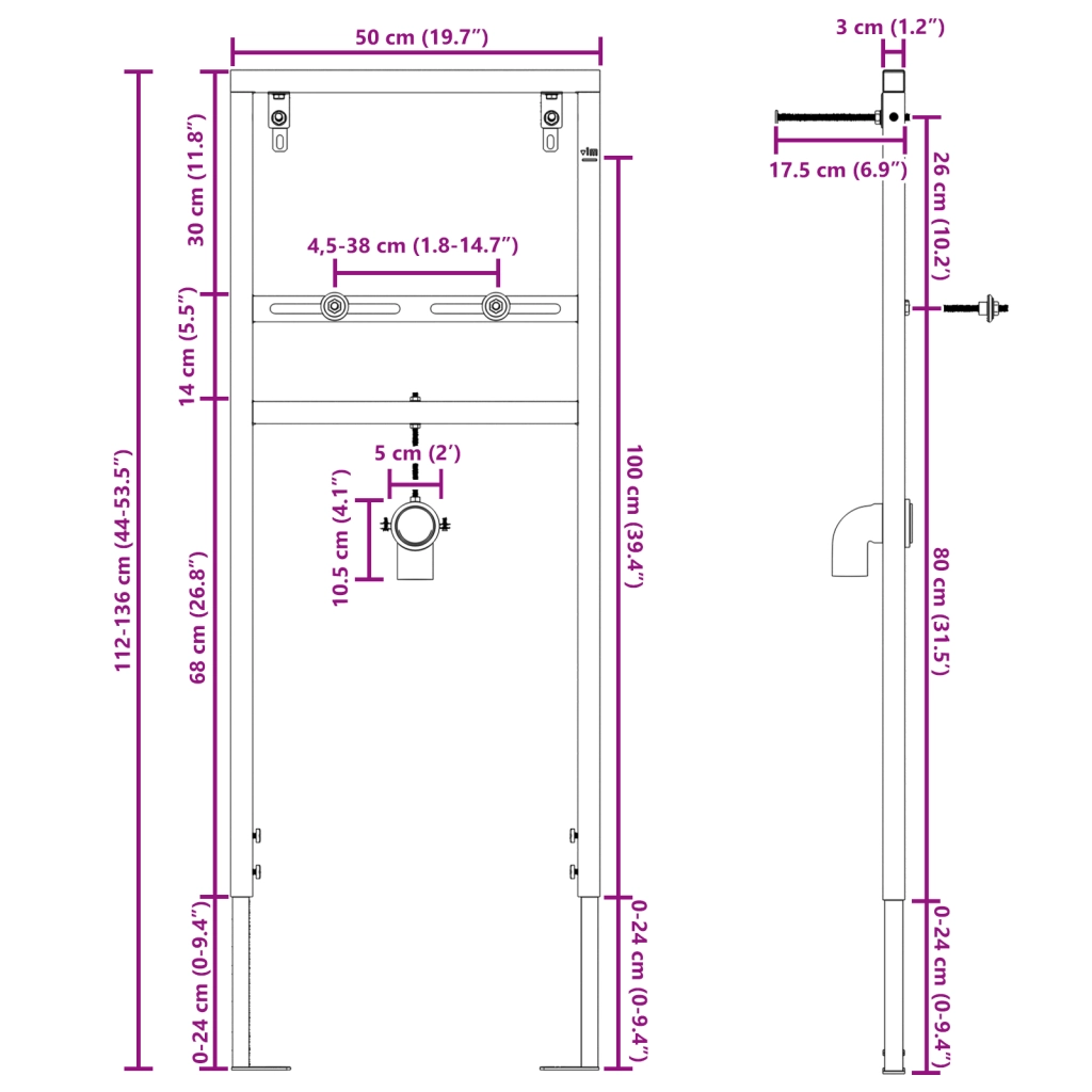 Struttura di Montaggio Nascosta per Lavabo 50x112-136 cm in Acciaio