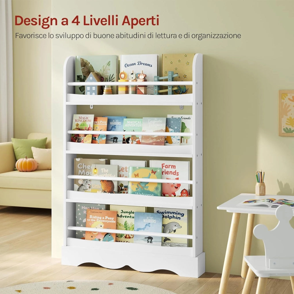 Libreria Montessoriana per Bambini, Scaffale Porta Libri Salvaspazio a 4 Ripiani, Piccola Libreria a Muro in Legno, per Cameretta, Stanza dei Giochi, 80x12x118cm