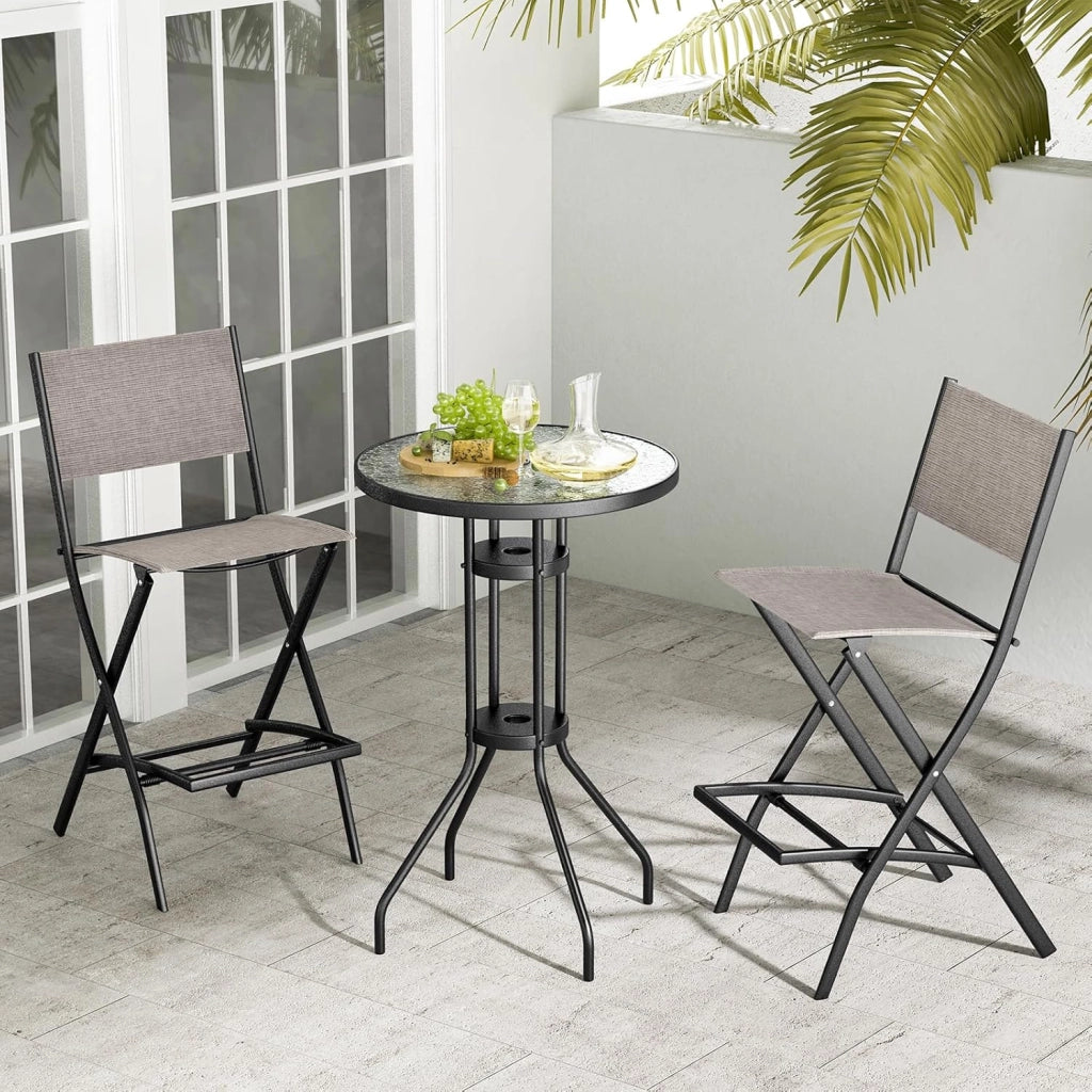 Set di Sgabelli da Bar 2 Pezzi, Sedie Alte e Pieghevoli con Telaio in Metallo e Poggiapiedi, Sedie da Bar per Balcone, Giardino e Piscina (Caffè)