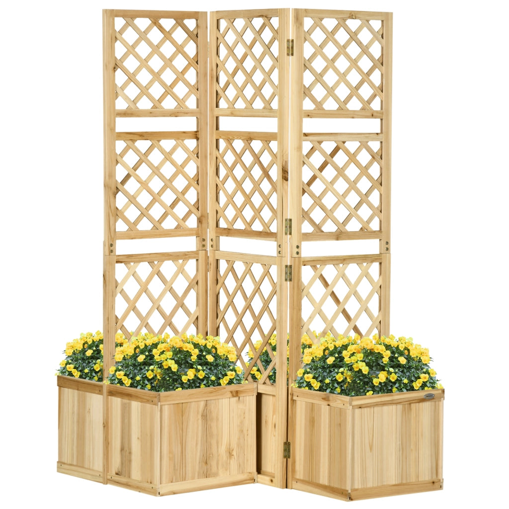 Paravento da esterno con traliccio e 4 fioriere, legno naturale, 133 x 62 x 165 cm