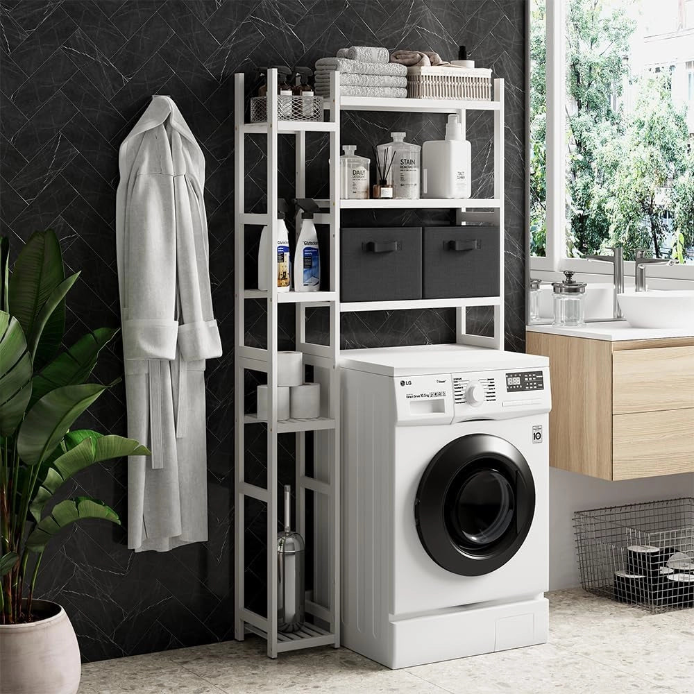 Mobiletto per lavatrice Bilbao, Bianco, 78.5 x 163 cm con 2 cassetti in pile, Ripiani aperti per detersivi, asciugamani e accessori