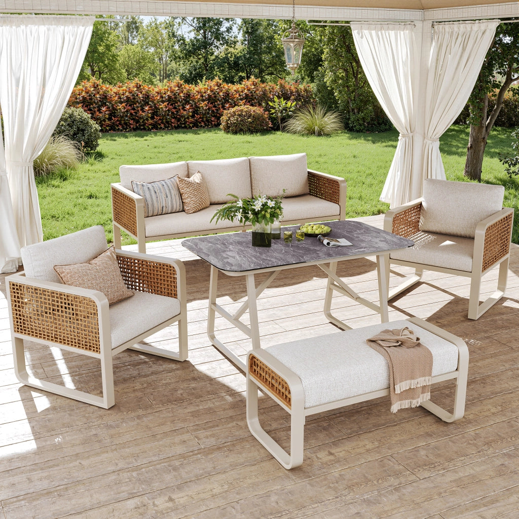 Salotto da Giardino con 2 Poltrone; 1 Divano 3 Posti; 1 Panca e 1 Tavolo; per 6-7 persone; Rattan PE; Ferro e Tessuto Impermeabile; Beige